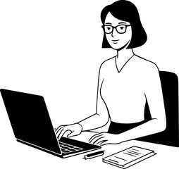 Black and white line art of a beautiful successful career woman working at desk with laptop illustration
