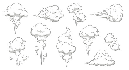 Obraz premium Collection of cartoon smoke and steam clouds in various shapes, perfect for adding a whimsical touch to digital designs and illustrations, available as a vector.
