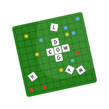 Green word game board with letter tiles forming short words, flat cartoon style, isolated on white background. Concept of language puzzles. Vector illustration