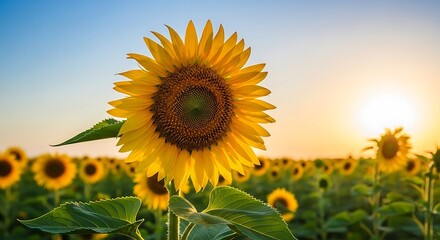 Obraz premium Vibrant Sunflower Field Bathed in Golden Sunset Light.