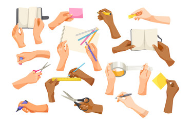 Multiple diverse hands holding notebooks, pens, scissors, sticky notes and rulers on white background, concept of office and school supplies. Vector illustration