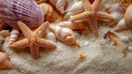 Seashells and starfish scattered on sandy beach create serene coastal scene. intricate textures and colors of shells evoke sense of tranquility and connection to nature