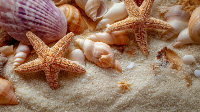 Seashells and starfish scattered on sandy beach create serene coastal scene. intricate textures and colors of shells evoke sense of tranquility and connection to nature