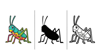 Funny cartoon grasshopper with silhoutte and outline art on a white background