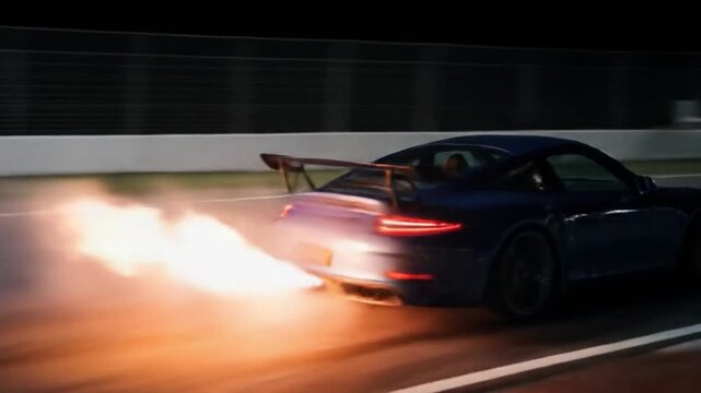 A blue sports car on a dark track with flames erupting from its rear