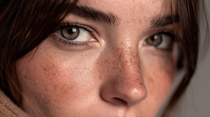 Close up portrait of young woman with striking eyes and freckles, showcasing her natural beauty and unique features. soft lighting highlights her skin texture and captivating gaze