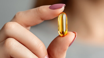 Close-up manicured hand holding golden omega softgel capsule for supplement. AI generated