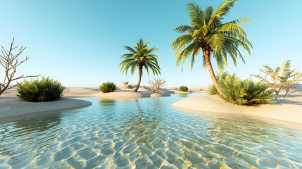 Serene oasis: Palm trees, clear water, and sandy shores create a tranquil desert landscape.
