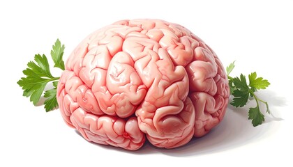 Raw Brain with Parsley on White Background