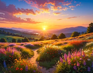 Radiant Sunset Over Blooming Hills