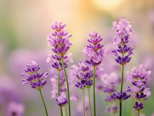 Obraz premium Lavender flowers blooming in a soft-focus garden background with warm sunlight illuminating the petals, creating a serene and calming atmosphere.
