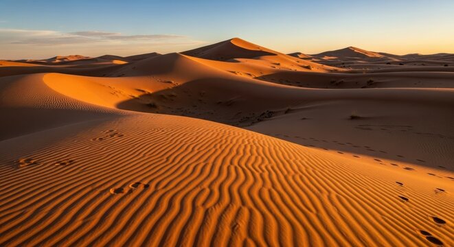 Majestic Sand Dunes Illuminated by Golden Hour Sunlight in the Sahara