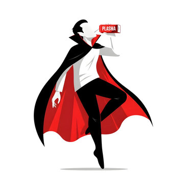 Minimalist vampire figure in black cape with red lining drinks from a red plasma container isolate