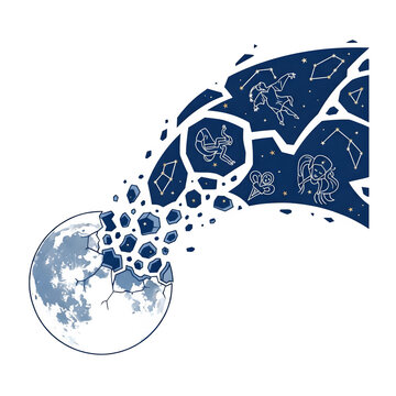 Exploding planet Earth fragments revealing constellations and zodiac signs in the night sky isolate