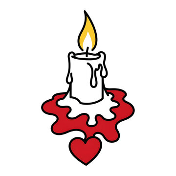 Black Candle With Melting Red Wax Forming Heart Shape Yellow Flame Transparent Background Isolate