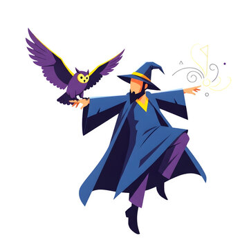 Blue robed wizard with beard holds purple owl on hand conjures yellow magic isolate