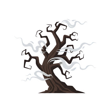 Gnarled bare tree with wisps of white smoke isolate branches spooky Halloween