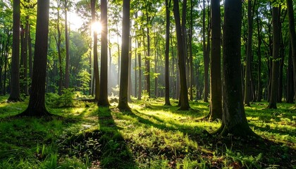 Sunbeams pierce a dense forest