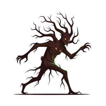 A creepy anthropomorphic tree creature with glowing orange eyes and green internal light transparent background