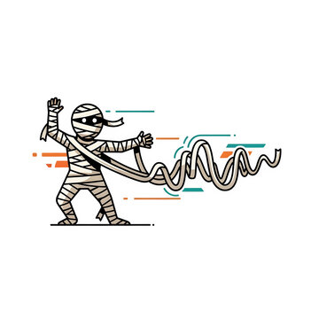 Cartoon mummy unwrapping bandages with graphic elements isolate halloween