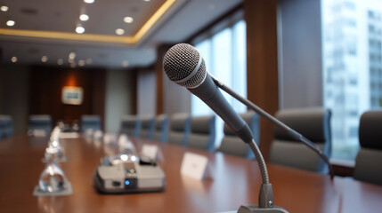 Microphone positioned prominently in modern conference room, highlighting sleek table setup with chairs and view of city skyline. atmosphere conveys professionalism and readiness for discussion