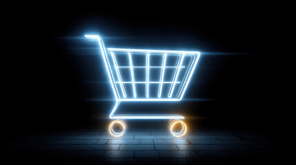 Glowing shopping cart icon illuminated against dark background, symbolizing online shopping and e commerce. neon effect adds modern and vibrant touch to image, evoking sense of convenience