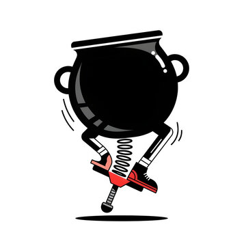Stylized cauldron with handles jumping on a pogo stick isolated graphic