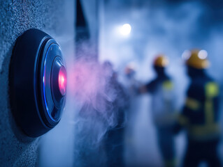 Emergency alarm button glowing red in smoke-filled environment with firefighters in background preparing for action to tackle a potential disaster scenario indoors.
