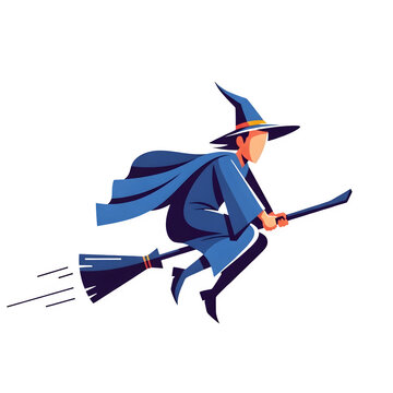 Stylized wizard wearing blue cloak and hat flies on broomstick isolated on black isolate