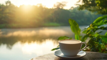 Coffee with morning in beautiful place and sunlight touch the river, showing the symbol of life begins.