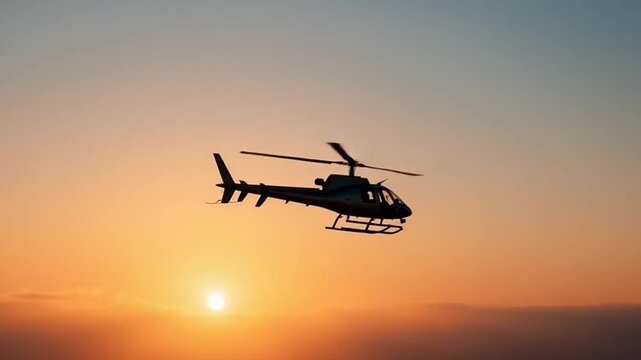 extreme slow motion flying helicopter and sunset sky