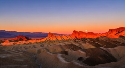 Naklejka premium Vibrant Sunrise Casting Warm Light over Rugged Desert Landscape Scenery