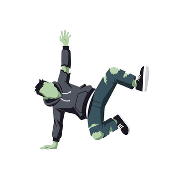 Green skinned character in torn clothing and hoodie performing a dynamic breakdance move isolate