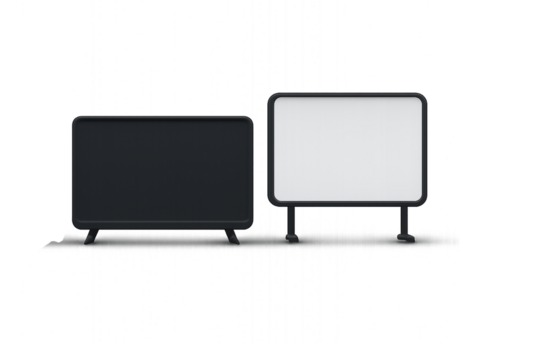 Panel heater comparison—black and white minimalist heaters with distinct leg styles, showcasing modern design, heating solutions, and interior appliance options.