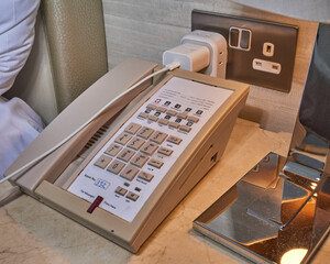 hotel, room, phone, table, retro, real, telephone, technology, communication, equipment