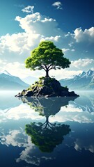 Serene island tree reflecting in calm water