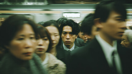 Obraz premium Crowded subway station with people in motion, one man standing still with intense gaze amidst a blur of commuters, capturing urban life in a busy environment.