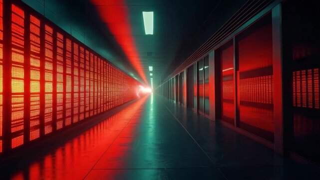 Red illuminated servers in a long corridor with green ceiling lights