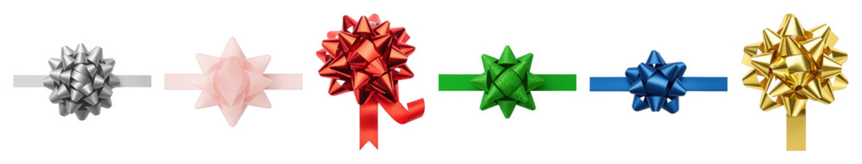 Gift bow set including silver, pink, red, glitter green, blue, and gold variants isolated. Festive decorations and present wrapping elements.