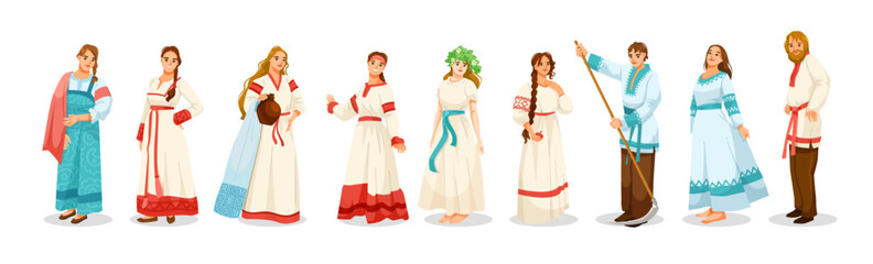 Group of men and women wearing traditional Slavic folk costumes, flat cartoon style, on white background. Concept of traditional culture. Vector illustration