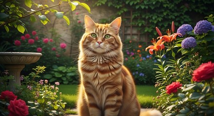 Majestic Orange Tabby Cat Sitting in a Lush Garden.