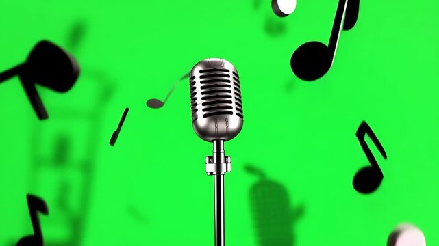 Retro Microphone with Floating Musical Notes on Green Screen Background