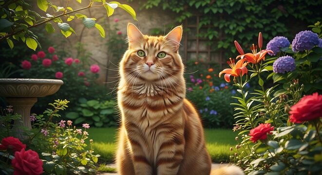 Majestic Orange Tabby Cat Sitting in a Lush Garden. - Powered by Adobe