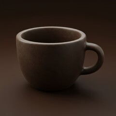Empty dark brown ceramic coffee cup with a handle, presented on a dark brown background.