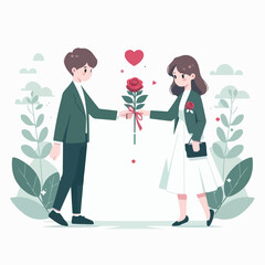 A couple exchanges roses with a simple and minimalist flat design