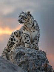 Obraz premium Leopardo da neve em cima de uma rocha ao pôr do sol