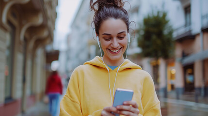  Mulher sorrindo e ouvindo m&uacute;sica com fones de ouvido