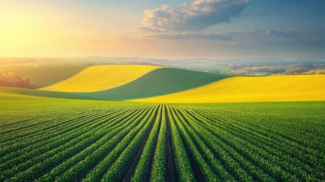 Rolling hills with agricultural fields in vivid yellows and greens at sunrise