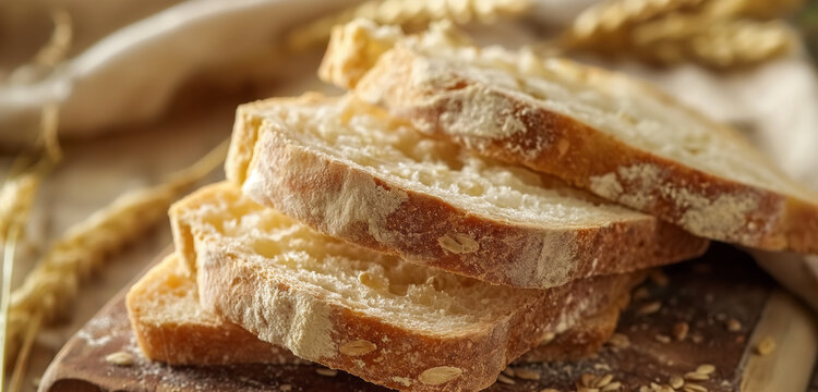  Fatias de p&atilde;o r&uacute;stico em uma t&aacute;bua de madeira