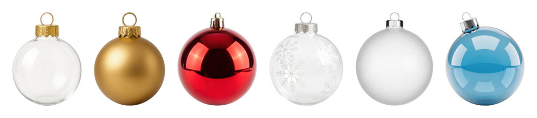 Obraz premium Christmas ornament set including clear, gold, red, patterned, frosted, and blue baubles isolated. Festive holiday season decorations.